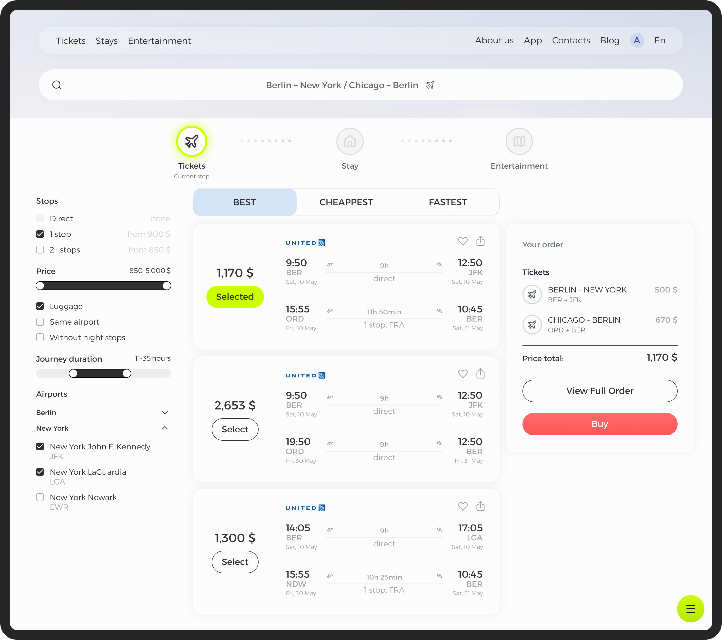 Travel website additional screen